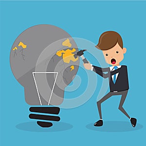 Businessman in Suit Knock a Light Bulb. Business and Finance Concept, Vector Illustration Flat Style.