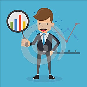 Businessman in Suit looking Graphs with Magnifying Glass. Business and Finance Concept, Vector Illustration Flat Style.