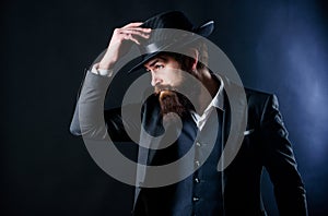 Businessman in suit. Mafia boss. in hat Mature hipster with beard. Male formal fashion. Stylish Mafia boss. caucasian