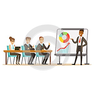 Businessman in suit making presentation and explaining chart on a whiteboard, business meeting in an office vector