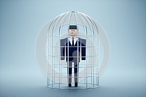 Businessman in a suit in a metal cage. Possibilities are limited, business metaphor, mind prison, problems, difficulties. 3D