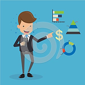 Businessman in Suit with Mobile Phone Presentation Graphs. Business and Finance Concept, Vector Illustration Flat Style.