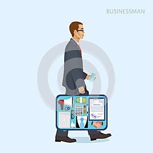 Businessman in a suit with an open suitcase, vector