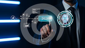 Artificial intelligence businessman points to 2026 data trends of future AI advancements and innovations