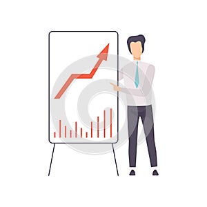 Businessman in a suit pointing at a whiteboard with growth graph at a presentation, successful business character at