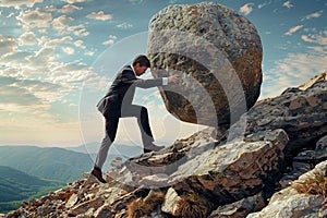 a businessman in a suit is pushing a huge boulder uphill with tension