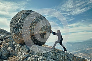 a businessman in a suit is pushing a huge boulder uphill with tension