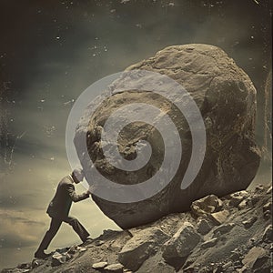 a businessman in a suit is pushing a huge boulder uphill with tension