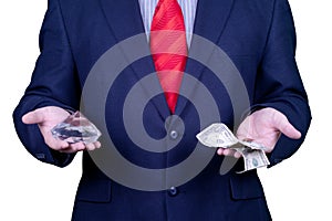 Businessman in suit red tie with money and diamond