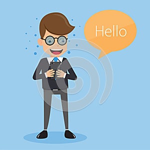 Businessman in Suit Sending Message with Mobile Phone . Concept business vector illustration Flat Style.