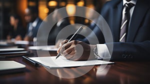 A businessman with a suit signing her signature on document, Hand Holding pen writing down or filling out on blank form paper in