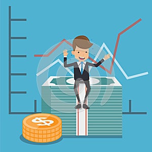 Businessman in Suit Sit On Money and Graphs Background. Concept Business Vector Illustration Flat Style.