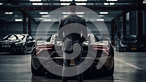 Businessman in suit standing by the modern supercar. Generative AI.