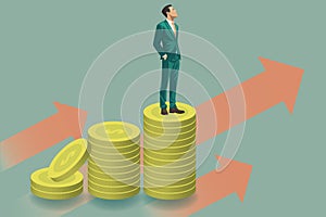 Businessman with suit standing on pile of coin vector illustration. Businessman contemplating about being success and confidence