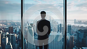 Businessman in suit, standing by window, contemplating city skyline. Modern office setting,