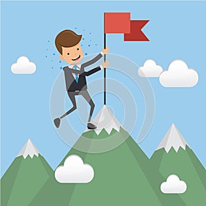 Businessman in Suit Successful Standing with Red Flag on Mountain Peak. Concept business vector illustration Flat Style.