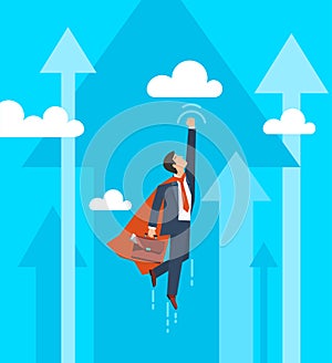 Businessman in a suit superhero flies up. Leadership and business growth concept. Flat design. Vector illustration