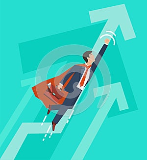 Businessman in a suit superhero flies up. Leadership and business growth concept. Flat design. Vector illustration