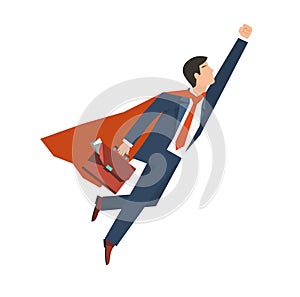 Businessman in a suit superhero flies up. Leadership and business growth concept. Flat design. Vector illustration.