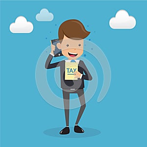 Businessman in Suit Talking on the Mobile Phone and Tax in Hand. Concept Business Vector Illustration Flat Style.