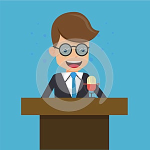 Businessman in Suit Talking on Podium and Said Into the Microphone. Business and Finance Concept, Vector Illustration Flat Style.