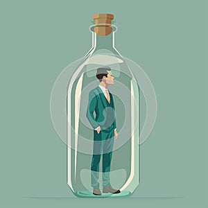 Businessman with suit trapped in a glass of jar. thinking outside the box concept