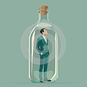 Businessman with suit trapped in a glass of jar. thinking outside the box concept