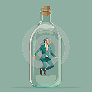 Businessman with suit trapped in a glass of jar. thinking outside the box concept