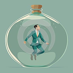 Businessman with suit trapped in a glass of jar. thinking outside the box concept