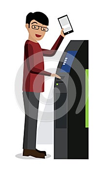 Businessman in suit using ATM. Vector illustration