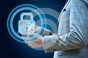 Businessman in suit using mobile phone with digital lock interface