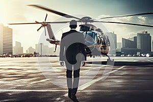 Businessman in suit walking with a helicopter on the background of the city, Businessman rear view private helicopter transport,
