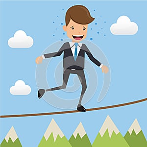 Businessman in Suit Wear Balancing on Sling. Concept business vector illustration Flat Style.