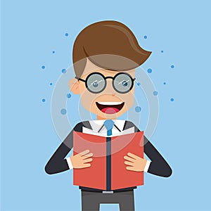 Businessman in Suit Wear Glasses and Reading Book. Concept business vector illustration Flat Style.