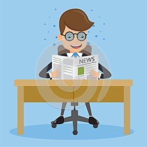 Businessman in Suit Wear Glasses and Reading News Paper Sitting In a Chair at The Table. Concept business vector Illustration Flat