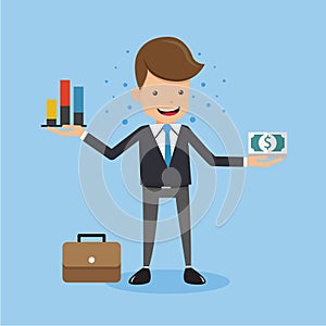 Businessman in Suit Wear Show Graphs and Money. Concept business vector Illustration Flat Style.