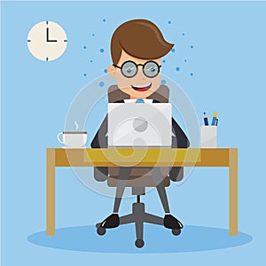 Businessman in Suit Working with Computer on Table in The Office. Concept business vector illustration Flat Style.