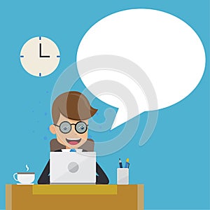 Businessman in Suit Working with Computer on Table in The Office and Speech Bubble. Concept Business Vector Illustration