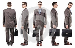 Businessman with suitcase from all sides