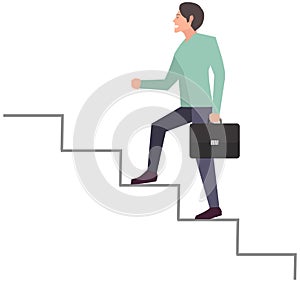 Businessman with suitcase climbing stairs of success. Business competition, leadership concept