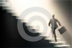 Businessman with a suitcase climbing the stairs. The way to success. Goes on the light.