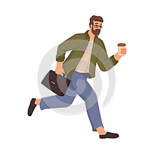 Businessman with suitcase and coffee hurrying up