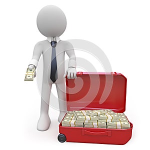Businessman with a suitcase full of wads of cash photo