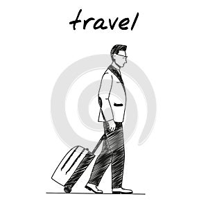 Businessman with suitcase on wheels handdrawn illustration. Cartoon vector clip art of a man walking with luggage. Black and white