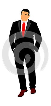 Businessman in suite and tie walking with hands in pockets vector illustration. Handsome business man in office work. Elegant man