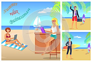 Businessman Summer Relax Color Vector Illustration