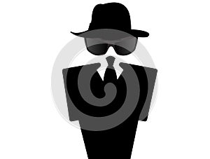 Businessman with sunglasses and bowler hat on white background.