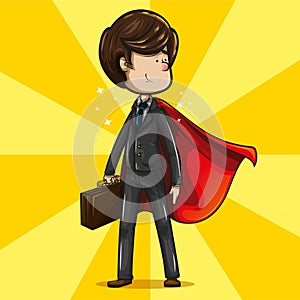 Businessman with super hero pose and a red cape wafting on his back