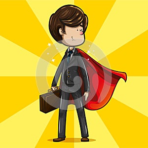 Businessman with super hero pose and a red cape wafting on his back photo