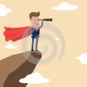 Businessman super hero on the top of the mountain looking into the spyglass. Business concept of success and search opportunities.